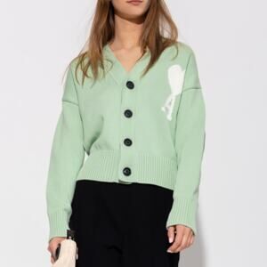 AMI Big Heart Logo Cardigan Mint Green Knit Wool Long Sleeves Button Front Sz